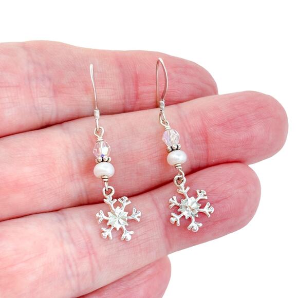 Vintage Sterling Silver 925 Crystal Pearl Snowflake Dangle Earrings - Picture 1 of 7